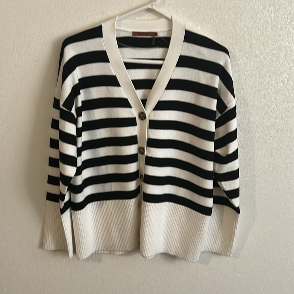 New Belldini Black/White Breton V Neck Striped Ribbed Cuffs & Hem Cardigan..Sm.